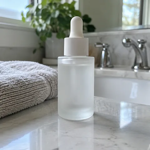 The ampoule bottle on a bathroom counter