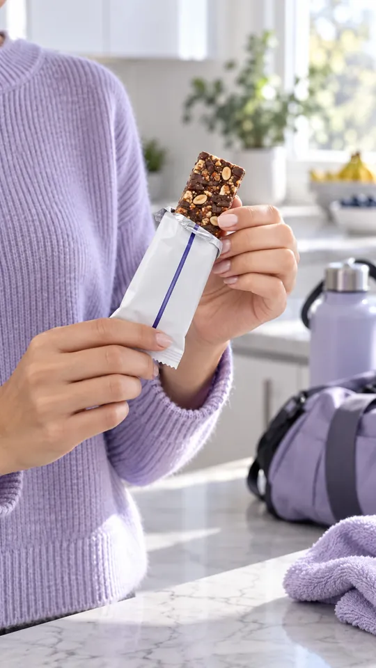 Vertical video frame of a protein bar being unwrapped